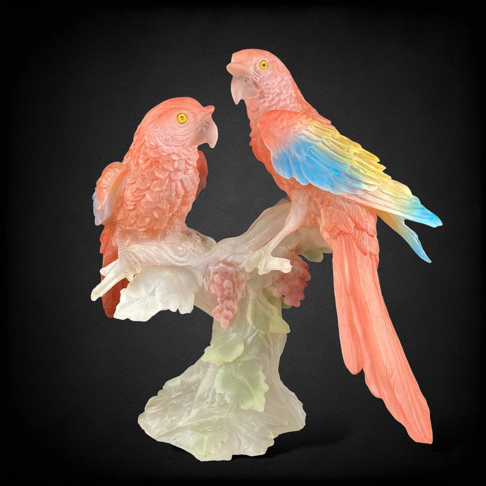 Tropical Parrot Sculpture Frosted Resin Birds on Branch Coastal‎ 1980s
